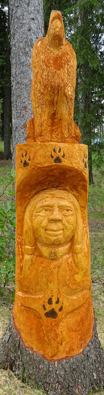 Spruce Carving Woman Spirit Waskesiu 2017 - 214 x 41 cm  (7 ft x 16 in)